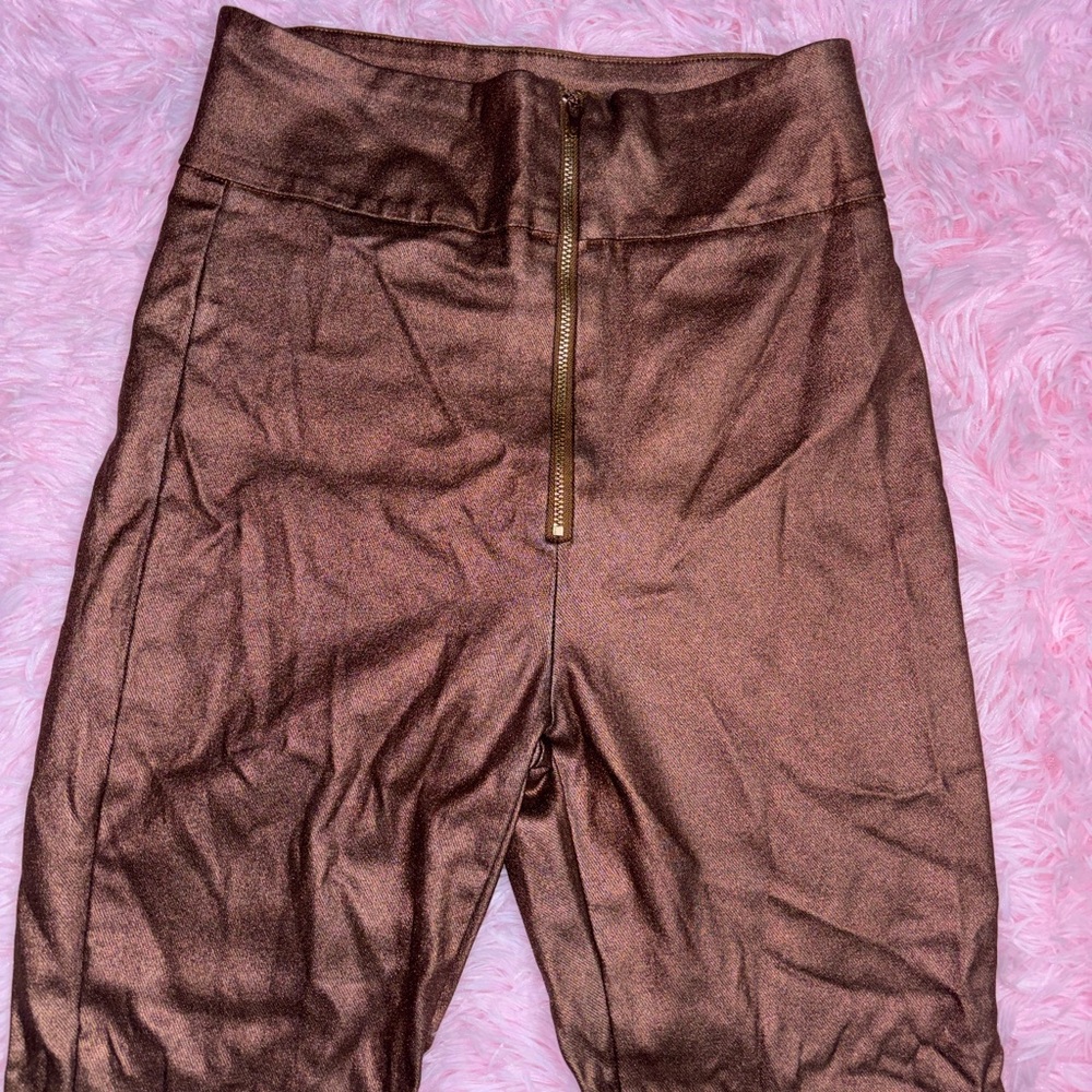Metallic Bronze High-Waisted Pants with gold zipper - Size Medium